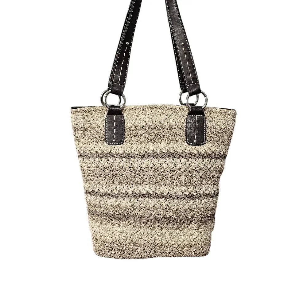 Super Tote New Crochet Boho Bucket Neutral Taupe Cream 3 Piece Shoulder Bag